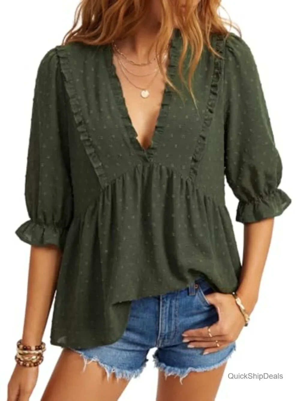 Swiss Dot Ruffle V Neck Peplum Boho Blouse
